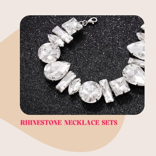 ACEDRE Rhinestone Necklace Earrings Set Silver Costume Jewelry for Women | Sparkly Large Diamond Choker Sets Prom Wedding Bridal Necklaces 2Pcs