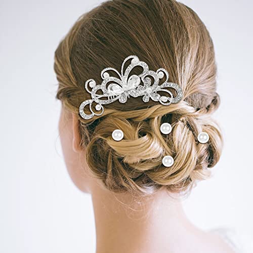 Cinaci 36 Pack Sparkly Silver Rhinestone Pearl Flower Butterfly Bridal Hair Side Combs+U-shaped & Twist Crystal Hair Pins Clips Wedding Headpieces Prom Accessories for Women Girls Brides Bridesmaids