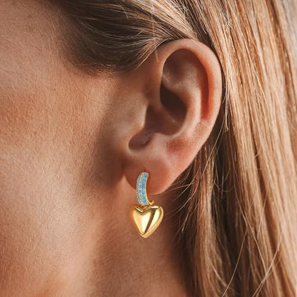 Heart Dangle Hoop Earrings for Women | 14K Gold Plated Love Heart Huggie Earrings, Hypoallergenic Dainty Jewelry Gift for Women - style: Heart-Tur
