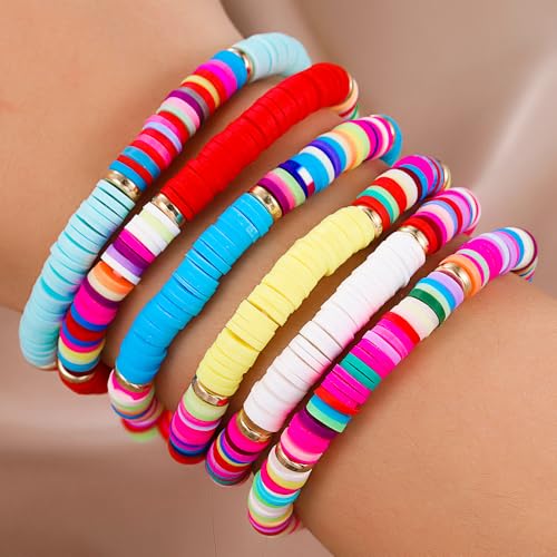 Friendship Bracelets for Women - Heishi Surfer Colorful Smile Evil Eye Clay Beaded Stretch Bracelets Elastic Layering - Stackable Boho Disc Y2K Aesthetic Summer Jewelry Set. - color: Heishi-6pc-colorful