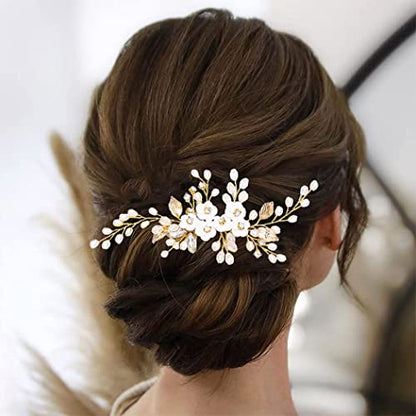 Unicra Flower Bride Wedding Hair Comb Leaf Gold Bridal Headpiece Pearl Hair Accessories Crystal Hair Piece Jewelry for Women (B Gold) - color: B Gold