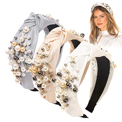 Ivyu Headbands for Women Head Bands - Knotted Pearl Headband Diademas Para Mujer De Moda Hair Accessories Hairbands for Girls No Slip Fashion Cute Top Knot Headband Gift for Women White Gray Beige - color: White Beige Gray