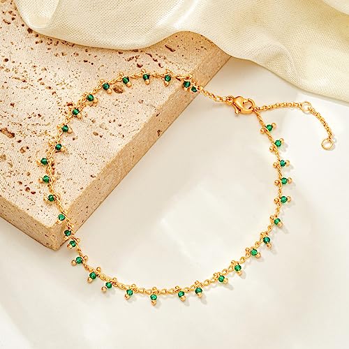 Gold Anklets for Women 14K Gold Plated Tiny Bead Anklet Colorful Tassel Foot Chain Dainty Adjustable Cute Summer Beach Boho Anklets Jewelry Gift - color: green crystal