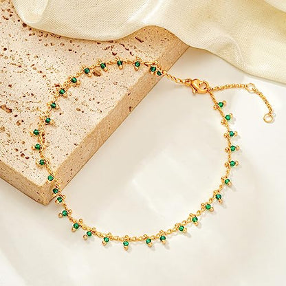 Gold Anklets for Women 14K Gold Plated Tiny Bead Anklet Colorful Tassel Foot Chain Dainty Adjustable Cute Summer Beach Boho Anklets Jewelry Gift - color: green crystal