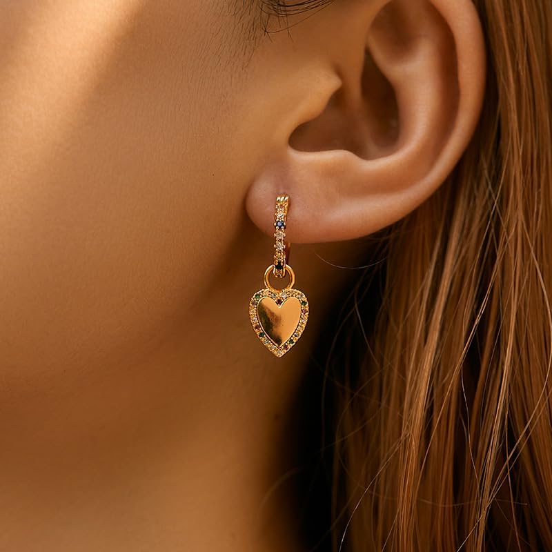Dainty 14K Gold Plated Cubic Zirconia Heart Small Hoop Earrings Charm Mini Sparkly Colorful Crystal Love Heart Dangle Drop Huggie Earrings for Women