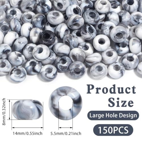 150PCS 14x8mm Black White Swirl Acrylic European Large Hole Rondelle Spacer Beads with Storage Box, Loose Beads for Bracelet Necklace Earring Hair DIY Jewelry Making - color: Black White Swirl