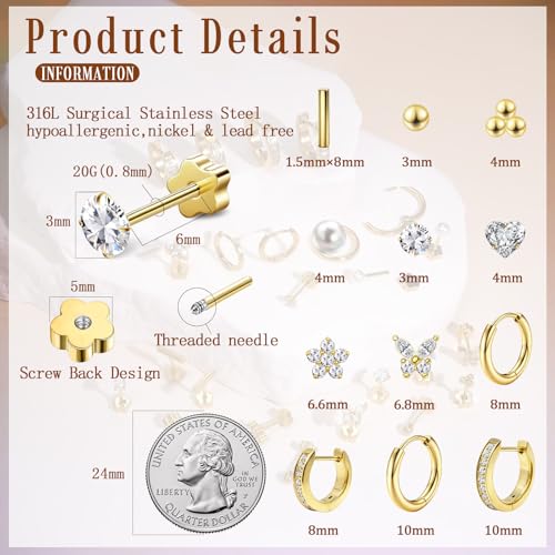 Stainless Steel Stud and Hoop Earrings Sets for Ear Stacks | Choose gold or silver pearl studs, CZ studs, flat backs, butterfly backs, hoops and multi-pair ear stack sets. - color: 12 Pairs 20G Gold