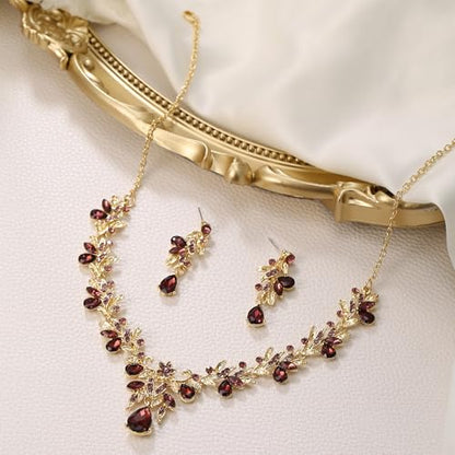 Women's Wedding Jewelry Set Leaf Flower for Bridal Prom Party | Stunning Crystal Teardrop Marquise Cluster Pendant Necklace Dangle Earrings Set for Bride Bridesmaid - color: Amethyst Color Gold-Plated-Base