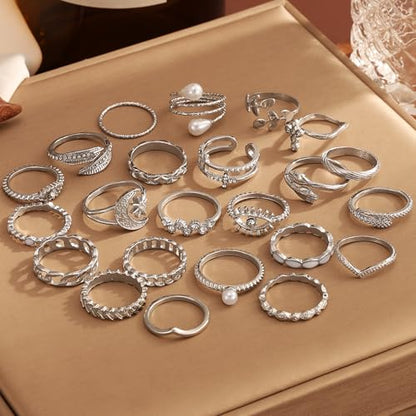 Golden Silvery Knuckle Rings Set for Women, Stackable Rings Bohemian Crystal Hollow Carved Flowers Joint Finger Rings Pack Fashion Jewelry Gifts for Birthday - color: 46 PCS-2