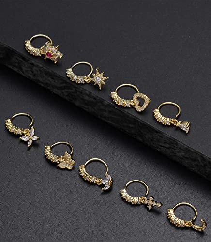 10Pcs Dangle Nose Rings Hoop Butterfly Heart Moon Flower Star CZ Cartilage Earring Dangling Nose Body Piercing Jewelry 20G Silver Rose Gold Black Tone - color: B:Gold Tone