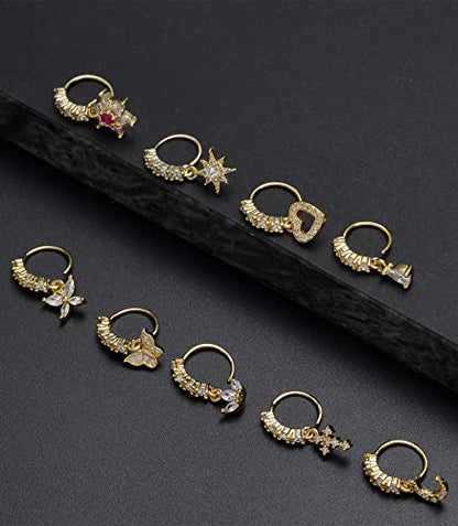10Pcs Dangle Nose Rings Hoop Butterfly Heart Moon Flower Star CZ Cartilage Earring Dangling Nose Body Piercing Jewelry 20G Silver Rose Gold Black Tone - color: B:Gold Tone