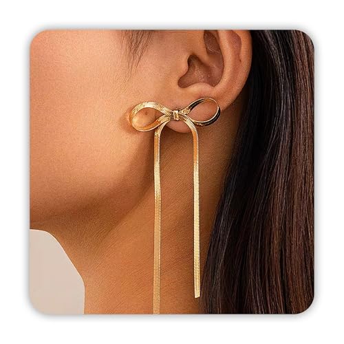 DAYANEY Silver Gold Bow Dangle Long Earrings for Women Trendy | Bow Rhinestone Ribbon Earring Chain Prom Jewelry, Bow Earrings Statement Dainty Earring as Wedding Bridesmaid Formal Jewelry - color: Gold, size: bow dangle