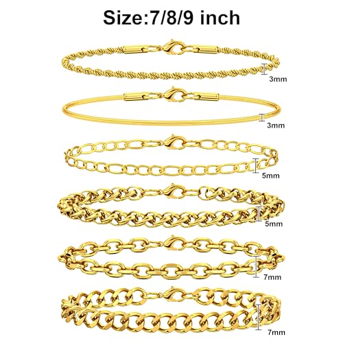 6PCS Stainless Steel Bracelets for Men Women, Silver Gold Black Cuban Link Rope Snake Wheat Chain Paperclip Figaro Jewelry Set, 7/8/9 Inches - color: Gold, size: 8 inches