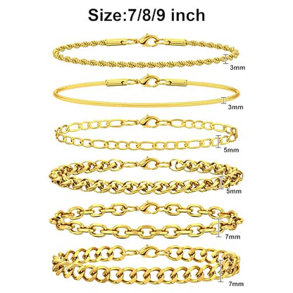 6PCS Stainless Steel Bracelets for Men Women, Silver Gold Black Cuban Link Rope Snake Wheat Chain Paperclip Figaro Jewelry Set, 7/8/9 Inches - color: Gold, size: 9 inches