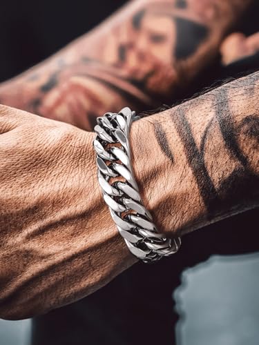 Bandmax Cuban Bracelets for Men, Stainless Steel Link, 7.5"/8.3"/9" Length | 7/8/12mm Width, Miami Wristlet Chain, Steel/Black/Gold Tone, Hip Hop Jewelry, Gift for Son Grandson Husban - color: Steel