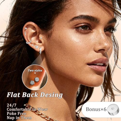Stainless Steel Stud and Hoop Earrings Sets for Ear Stacks | Choose gold or silver pearl studs, CZ studs, flat backs, butterfly backs, hoops and multi-pair ear stack sets. - color: 12 Pairs 20G Silver