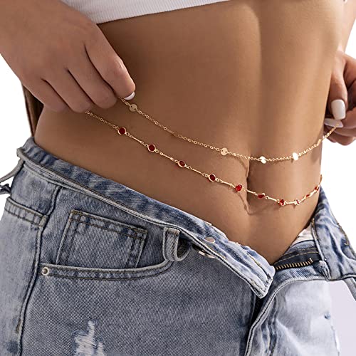 Sexy Multi-Layered Waist Chain Bikini Bead Belly Chain Summer Sequin Waist Chain Beach Crystal Waist Body Chain for Women - color: Red