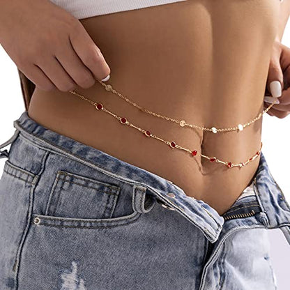 Sexy Multi-Layered Waist Chain Bikini Bead Belly Chain Summer Sequin Waist Chain Beach Crystal Waist Body Chain for Women - color: Red
