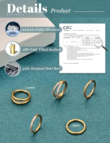 CASSIECA 5Pcs 18G 16G Surgical Steel Nose Rings Hoop for Women CZ Clicker Hinged Septum Ring Lip Helix Cartilage Double Hoop Earring Daith Rook Conch Body Piercing Jewelry for Women 8mm 10mm - style: Gold: 18G-8mm