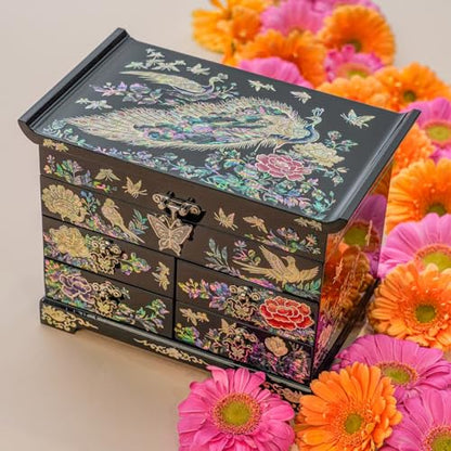 February Mountain Mother of Pearl Wooden Jewelry Organizer Box – Jewelry Storage Box for Women, Features Spacious Drawers, Ideal for Rings, Bracelets, Watches, Chains, Accessories (Peacock) - style: Peacock