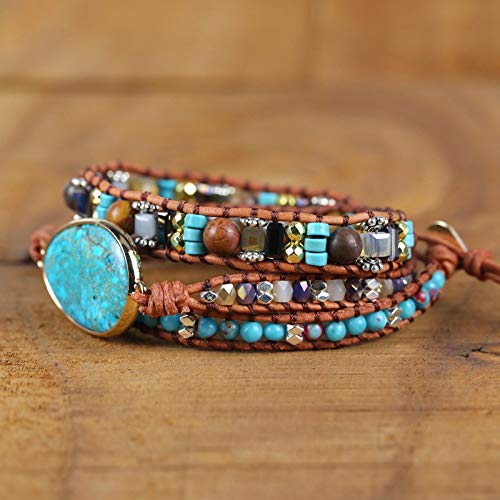 Handmade Boho Wrap Bracelets Natural Turquoise Crystal Stone Variety Beaded Strand Bracelet - color: Green Opal