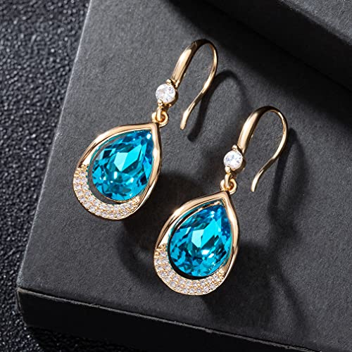 Austrian Crystal Halo Teardrop Hollow Drop Dangle Earrings for Women 14K Rose Gold Plated Hypoallergenic Jewelry Gifts - color: Bermuda Blue