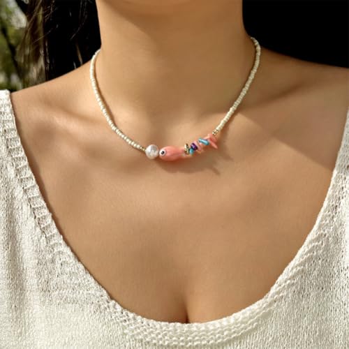 Seed Bead Choker Necklace for Women Bohemian Tiny Beads Choker Colorful Rice Bead Starfish Choker Summer Surfer Beach Necklace Jewelry Gift - color: F - Pearl Fish