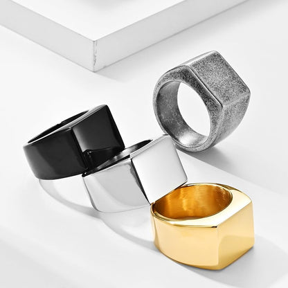 Kemstone Square Signet Ring for Men - Stainless Steel Flat Top Heavy Geometric Silver Gold Black - color: Silver, size: 9#