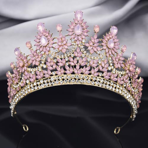 Crowns and Tiaras Jewelry Set for Women.Wedding (Gold Green) | Wedding Crown, Necklace Earrings, Princess Queen Birthday Party, Pageant Bridal, Costume Accessories - color: Opal Pink