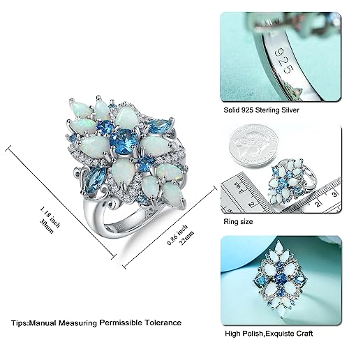 Statement Flower Ring Cocktail Leaf Ring Birthstone Anniversary Signet Ring | Hypoallergenic|14K Gold Plated|Sterling Silver Sparkling Engagement Promise Party Ring for Women, Size 6 to 10(With Box) - color: Opal