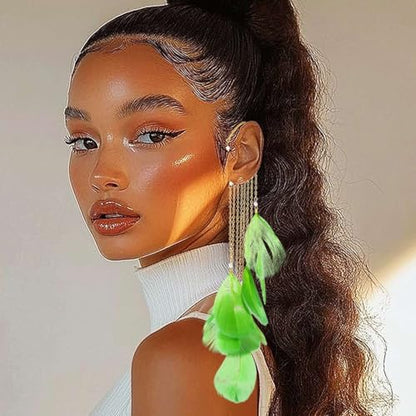 Catery Feather Earrings Long Tassel Boho Earrings Dangling Fringe Prom Jewelry for Women - color: Green
