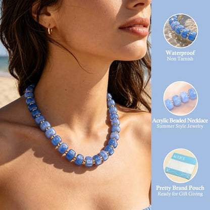 AOZEL Chunky Resin Beaded Necklace for Women Colorful Bead | Summer Beach, Waterproof, Fade Resistant, Adjustable Length, Boho Statement, for Daily Wear & Gifting - color: Light Blue