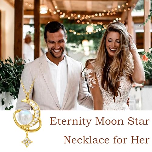925 Sterling Silver Crescent Necklace Moon Star Pendant for Women | 14K Gold Plated Crystal Moon Necklace Dainty CZ Birthstone Ramadan Moonstone Necklace Birthday Jewelry for Mom Wife Daughter - color: Gold