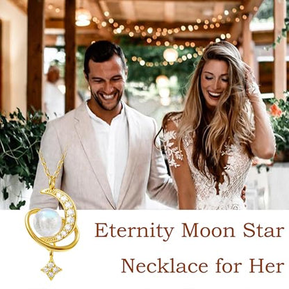 925 Sterling Silver Crescent Necklace Moon Star Pendant for Women | 14K Gold Plated Crystal Moon Necklace Dainty CZ Birthstone Ramadan Moonstone Necklace Birthday Jewelry for Mom Wife Daughter - color: Gold