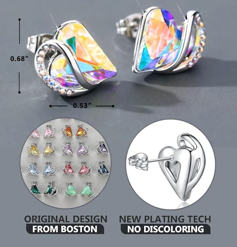 Infinity Love Heart Stud Earrings for Women, Birthstone and Healing Stone, Gifts for Mom, Wife, and Her, Silver Plated - color: 04-April-Rainbow Opal White