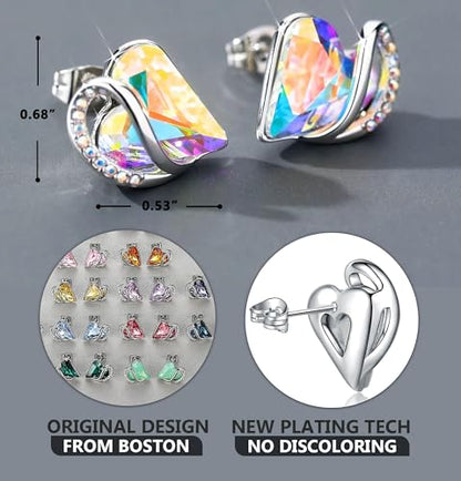 Infinity Love Heart Stud Earrings for Women, Birthstone and Healing Stone, Gifts for Mom, Wife, and Her, Silver Plated - color: 04-April-Rainbow Opal White