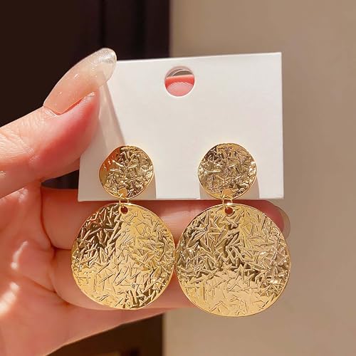 Large Geometric Drop Dangle Earrings for Women Pearl Teardrop Disc Rectangle Oval Fishtail Shell Shaped Textured Dangle Studs Earrings for Women - color: Gold-Disc