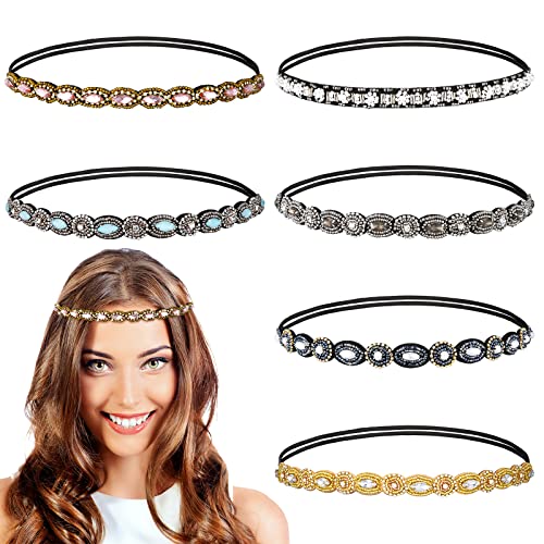 Jutom 6 Pack Rhinestone Beaded Headbands for Women, Elastic Rhinestone Hairbands Hair Accessories, Stretchy Fashionable Crystal Hairbands for Back to School Prom, Women Girls Birthday Gift