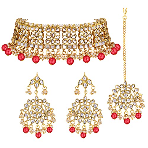 Aheli Elegant Indian Faux Kundan Studded Choker Necklace with Maang Tikka Set Ethnic Wedding Wear Bharatanatyam jewellery set Gift for Women - color: Red