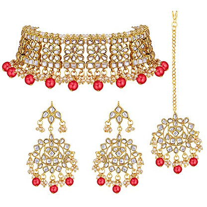 Aheli Elegant Indian Faux Kundan Studded Choker Necklace with Maang Tikka Set Ethnic Wedding Wear Bharatanatyam jewellery set Gift for Women - color: Red