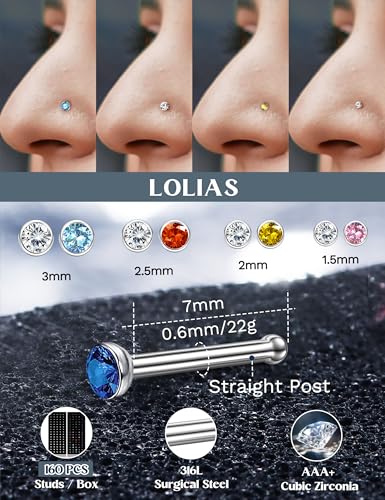 LOLIAS 80-160Pcs Surgical Steel Nose Rings Studs for Women Hypoallergenic | Straight or L Shaped Small Nose Studs Pin,Hypoallergenic 20G 22G Tiny Bone Nose Piercing Jewelry, 1.5/2/2.5/3 mm CZ Mix - color: 160Pcs 22G Straight（white&multicolor）