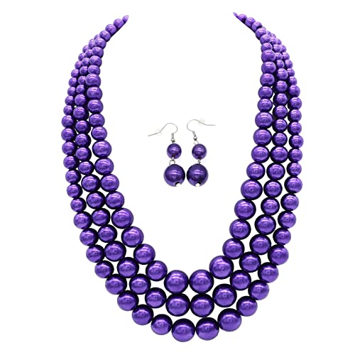 Chunky Layered Imitation Pearl Necklace for Women 3 strand Pearl Necklaces Faux Pearl Necklace Earrings Set 1920s Flapper Gatsby Costume Accessories - color: 3 strand pearl necklace Purple