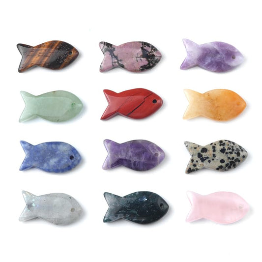 5PCS Fish Shaped Crystal Pendant Handmade Natural Stone Tiger Eye Amethyst Charms Leather Cord Necklaces Choker Jewelry