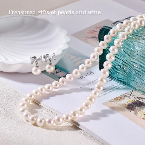 Freshwater Cultured Pearl Necklace Set Includes Cute Bow Pearl Earrings Jewelry for Women - size: 7 to 8mm