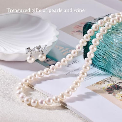 Freshwater Cultured Pearl Necklace Set Includes Cute Bow Pearl Earrings Jewelry for Women - size: 7 to 8mm