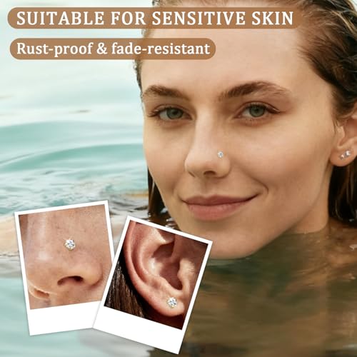 15PCS 14K Gold Plated Nose Rings Studs Set for New Piercing Beginners - color: 8pcs/Screw/20G/Silver