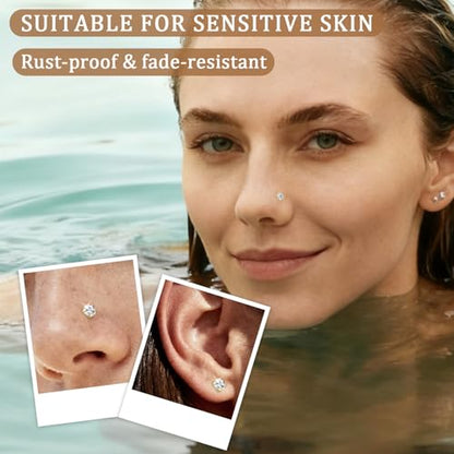 15PCS 14K Gold Plated Nose Rings Studs Set for New Piercing Beginners - color: 8pcs/Screw/20G/Silver