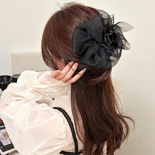 Black Mesh Tulle Bowknot Hair Claw Clips - Large Chiffon Clips for Women's Thick Hair, Elegant Hair Accessories - color: black