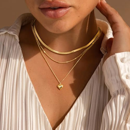 M MOOHAM Layered Gold Necklaces Stack for Women No Tarnish | 14K Gold Plated, Stackable Pendant Necklace Set, Snake Rope Cuban Paperclip Chain, CZ Coin Pendant, Dainty Jewelry Gifts - color: 3 Layered Snake Thin Dot Puffy Heart Pendant-Gold