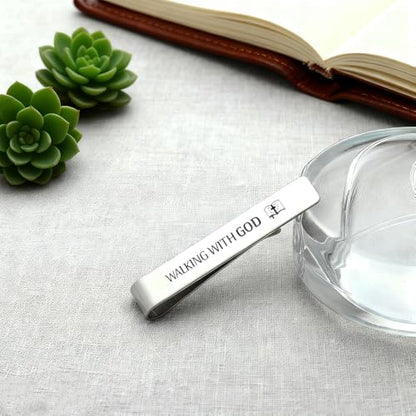 Walking With God Religious Christian Gifts for Men Faith Based Stainless Steel Tie Clips Bar Pin Best Pastor Gift Spiritual Gifts Christmas Birthday Presents Valentines Day Gift for Friends Coworkers